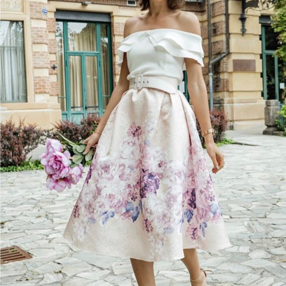 Floral A-Line Skirt in Cream and Pink
